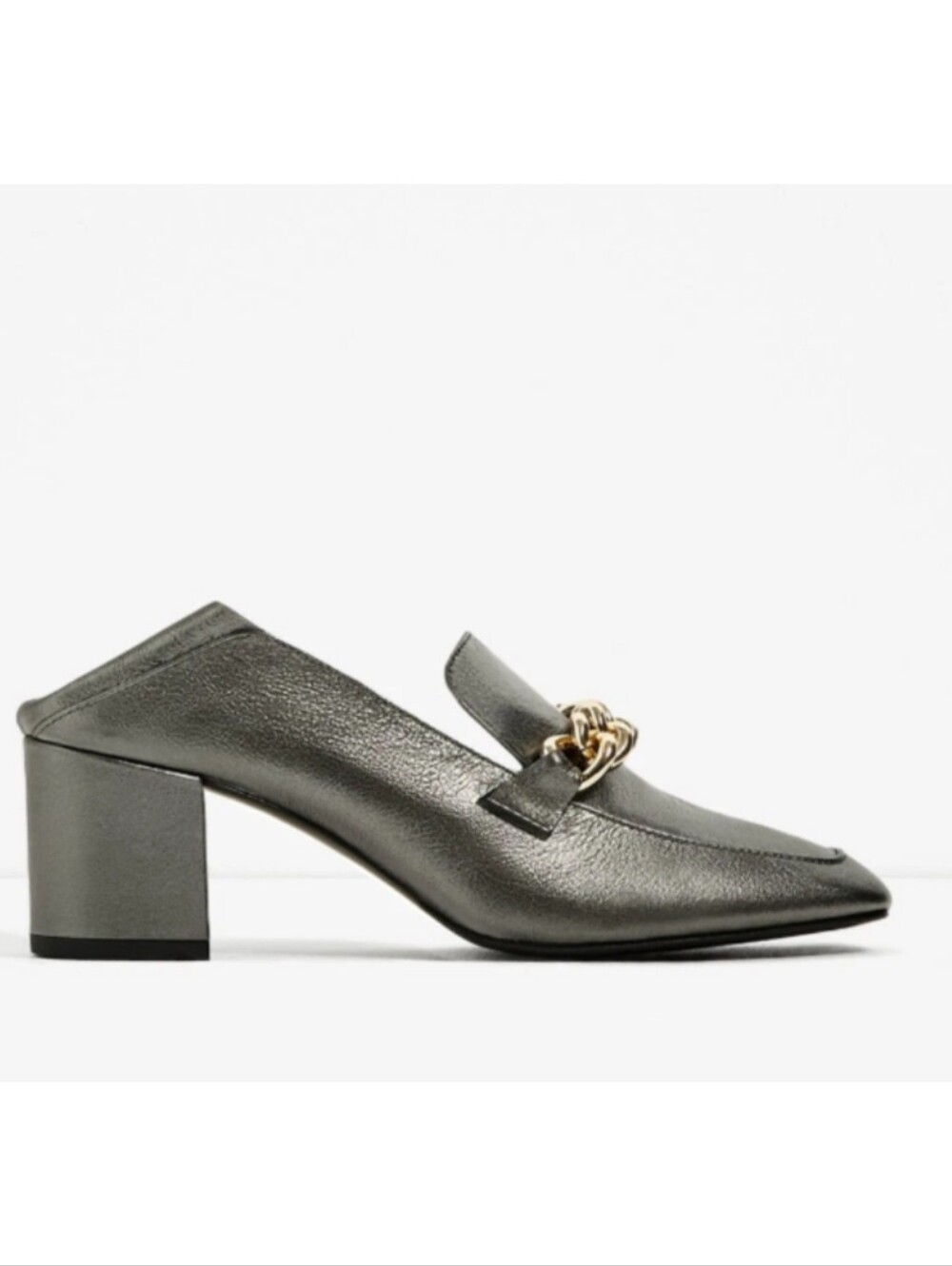 Zara Basic Metallic Silver Soft Leather Gold Chain Block Heel Loafers Size 6